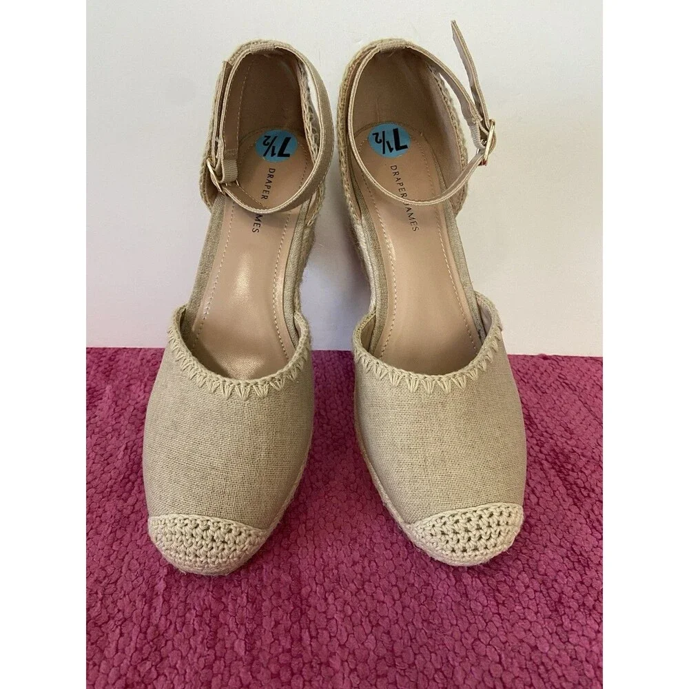 Draper James Iris Espadrille Wedge Heels Ankle Strap Natural Tan Canvas Size 7.5